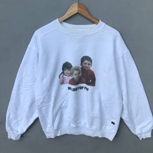 Vintage anni '90 Russel Tag We Love Pop Pop Felpa Stampata Girocollo Colore Bianco Taglia Grande