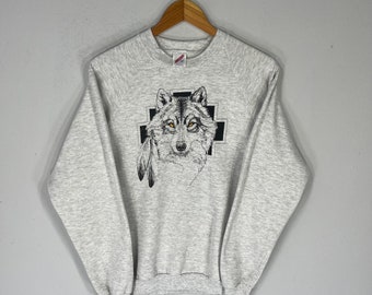 Vintage 90s Jerzees Tag Wolf Big Logo Printed Sweatshirt Crewneck Pullover Sweater Baggie Sweatshirt Vintage Wolf Size Large Colour Gray