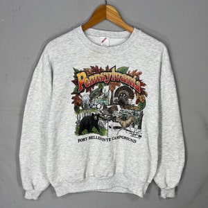 Jerzees Tag vintage anni '90 Pennsylvania Fort Bellefonte Campground Felpa stampata con logo grande Felpa girocollo Colore grigio Taglia grande