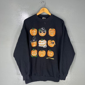 Vintage anni '90 Tultex Tag Zucca Emoji Halloween BigLogo Stampato Colore Nero Girocollo Pullover Baggie Maglione Halloween Vintage Taglia 2X-grande