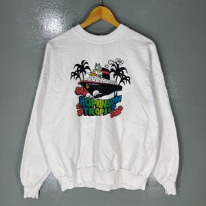 Vintage 90s Hanes Tag Hopkinson Tropics Big Logo Printed Sweatshirt Pullover Crewneck Baggie Sweater Cartoon Colour White Size X-Large