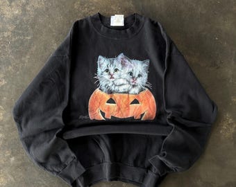 Vintage 90s Lee Tag Kitten Pumpkin Halloween Big Logo Printed Crewneck Pullover Sweatshirt Halloween Graphic Vintage Black Size Large