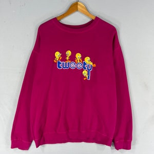 Vintage Warner Bros Tweety Bird Cartoon Big Logo Embroidered Sweatshirt Crewneck Warner Bros Looney Tunes Colour Pink Size X-large