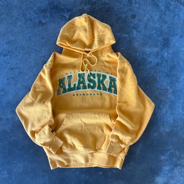 Vintage Y2K Jansport Tag University Of Alaska Anchorage Big Logo Printed Sweatshirt Pullover Crewneck Sweater Hooded Colour Yellow Size M