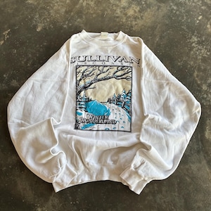 Vintage 90s Santee Tag Sullivan Wisconsin Spellout Printed BigLogo Sweatshirt Crewneck Sweater Winter  Baggie Pullover Colour White Size X-L
