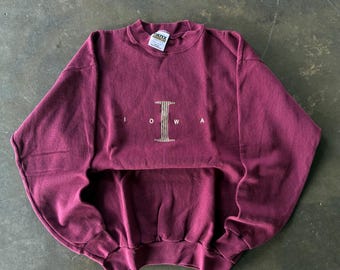 90s Vintage Tultex Tag Iowa Spellout Big Logo Embroidered Crewneck Pullover Sweatshirt Vintage Iowa Maroon Size Medium