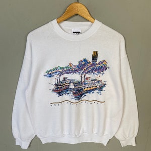 Vintage 90s Tultex Tag Port Of Cincinnati Spellout Biglogo Printed Felpa Crewneck Pullover Maglione Cincinnati Colore Bianco Taglia Grande