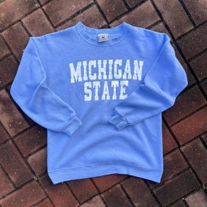 Vintage Y2K Lee Tag Michigan State Spellout Biglogo Printed Sweatshirt Crewneck Pullover Sweater Michigan Colour Soft Blue Size Youth  Large