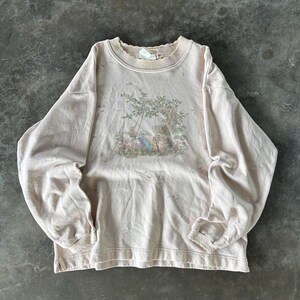 Felpa girocollo vintage con stampa grafica artistica vintage "Y2K Northern Tag Boy Chill", con grande logo, colore beige, taglia NA