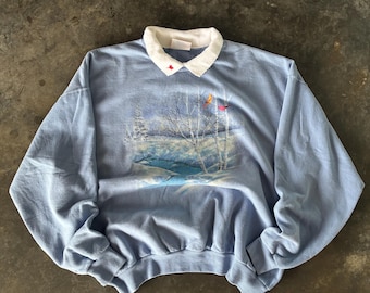 Vintage 90s Morning Sun Tag Winter Cardinals Birds Big Logo Printed Sweatshirt Crewneck Pullover Sweater Birds Colour Soft Blue Size NA