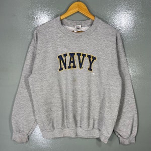 Vintage Gildan Tag Navy Spellout Big Logo Printed Sweatshirt Pullover Crewneck Sweater Navy Spellout Vintage Colour Gray Size Medium