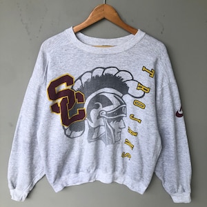 Vintage anni '90 Nike Sports Tag SC Trojans Spellout Big Logo stampato Felpa Pullover Maglione Nike Trojans Girocollo Colore Grigio Taglia Medium