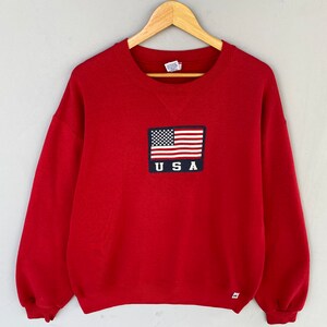 Vintage Y2K Russel Tag American Flag Big Logo Printed Sweatshirt Girocollo Pullover Sweater Russel America Colore Rosso Taglia Grande