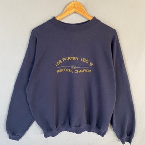 Vintage Hanes Tag USS Porter DDG 78 Spellout Biglogo Felpa Stampata Girocollo Pullover Baggie US Army Colore NavyBlue Taglia 2XLarge