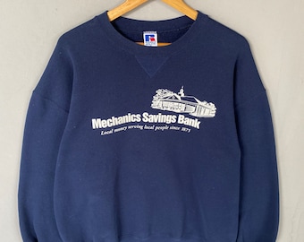 Vintage  Russell Tag Mechanics Savings Bank Big Logo Printed Sweatshirt Crewneck Pullover Sweater Russell Colour NavyBlue Size X- Large