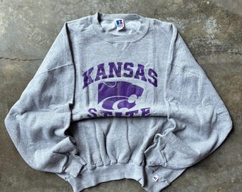 Vintage 90s Russell Tag Kansas State Spellout Big Logo Printed Sweatshirt Crewneck Pullover Sweater Kansas University Colour Gray Size 2X-L