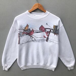 Vintage Y2K Tultex Tag Big Print Animali Logo Felpa Girocollo Pullover Colore Bianco Taglia Media