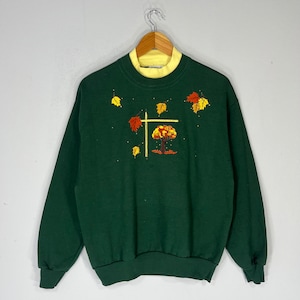 Vintage Shipshe Tag Falling Leaves Autumn Big Logo Embroidered Sweatshirt Crewneck Pullover Sweater Autumn  Colour Green Size Medium