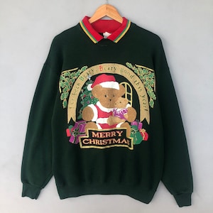 Vintage 00s India Ink Paintworks Tag Merry Christmas Big Print Logo Sweatshirt Collarneck Colour Dark Green Size Large