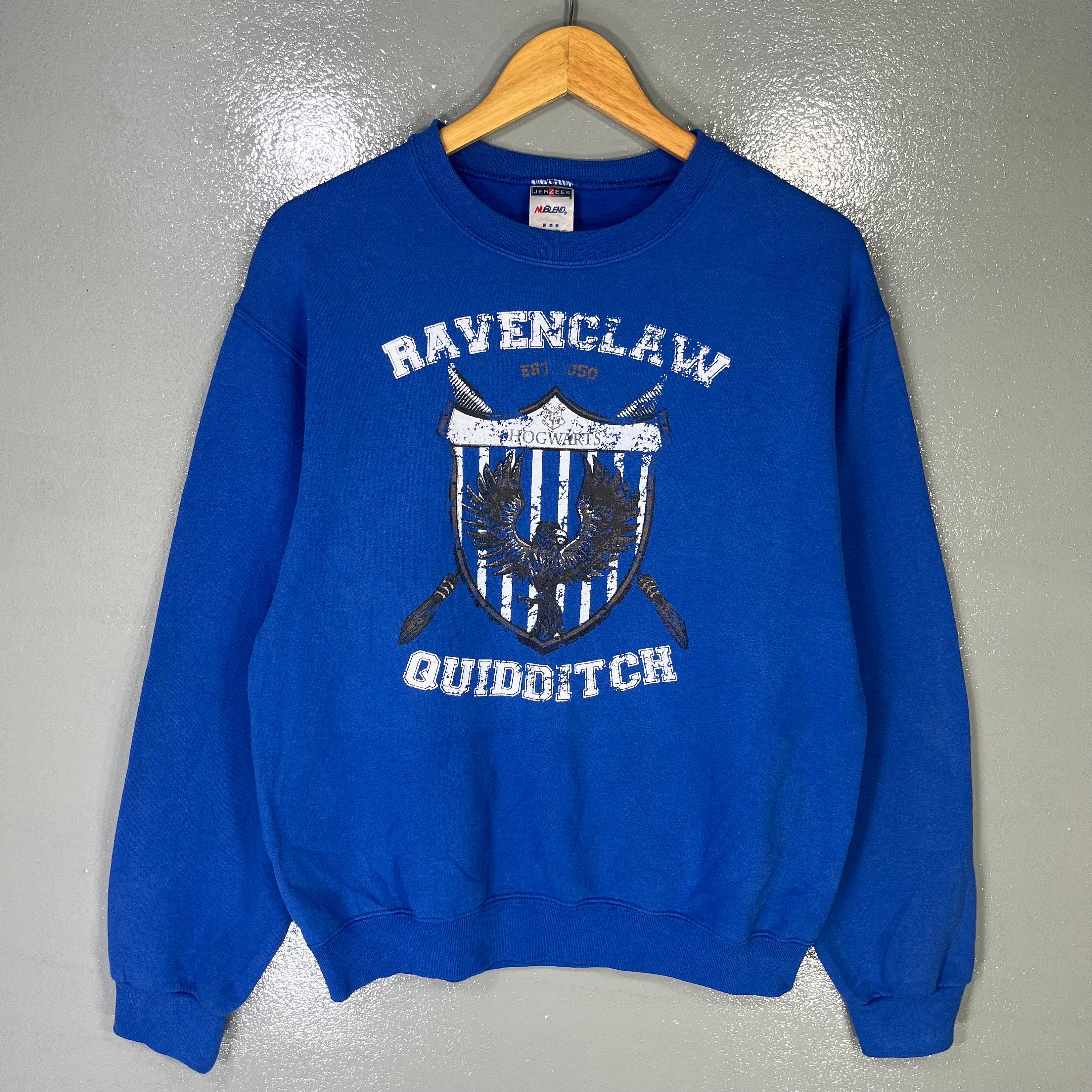 Vintage Jerzees Tag Ravenclaw Quidditch Spellout BigLogo Printed Sweatshirt Crewneck Pullover Harry Potter Hogwarts Sweater Color Blue SizeM