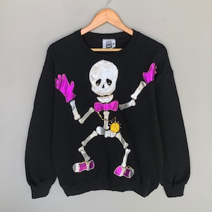 Vintage anni '90 Lee Tag Skeleton Patchwork Big Logo Felpa Girocollo Colore Nero Taglia Grande