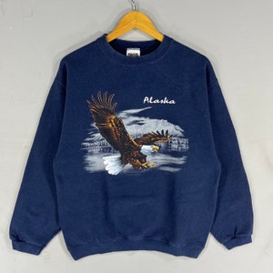 Vintage Tultex Tag Alaska American Eagle Big Logo Printed Sweatshirt Crewneck Pullover Sweater Alaska Colour NavyBlue Size Medium