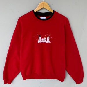 Vintage anni '90 Endless Design Tag Christmas Snowmans Embroided Big Logo Felpa Girocollo Pullover Maglione Natale Colore Rosso Taglia Grande