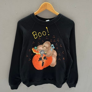 Vintage anni '90 Tultex Tag Zucca Orso Boo Halloween Grande Logo Stampato Colore Nero Girocollo Pullover Maglione Halloween Taglia NA