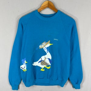 Vintage anni '80 Jerzees Tag Anatroccoli Walking Big Logo Stampato Felpa Girocollo Pullover Vintage Maglione Anatroccoli Colore Blu Taglia Grande