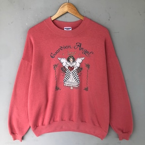 Vintage Y2K Jerzees Tag Guardian Angel Spellout Big Logo Felpa Stampata Girocollo Pullover Maglione Baggie Colore Rosa Morbido Taglia X-Large