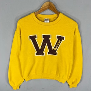 Vintage Y2K Jerzees W Big Logo stampato felpa girocollo maglione pullover Western Michigan University colore giallo taglia piccola