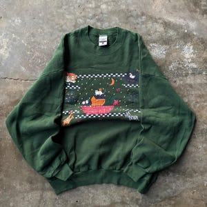 90s Vintage Gopher Tag Cats On Boat Big Logo Printed Crewneck Pullover Baggie Sweatshirt Animal Vintage Cats Graphic Green Size X-Large