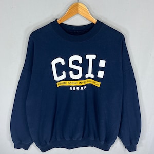 Vintage CSI Vegas Spellout Gran Logo Impreso Sudadera Cuello Redondo Jersey Baggie Suéter CSI Color Azul Marino Tamaño NA