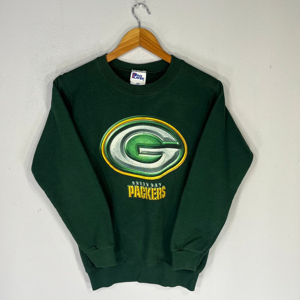 Vintage Pro Player Tag G Packers Green Bay Nfl Spellout Big Logo Printed Sweatshirt Crewneck Pullover Sweater Nfl Colour Green Size Small 4Fansport