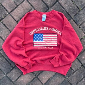 Felpa vintage Y2K Tag USA United We Stand Spellout con grande logo stampato, pullover, maglione girocollo, colore marrone, taglia grande
