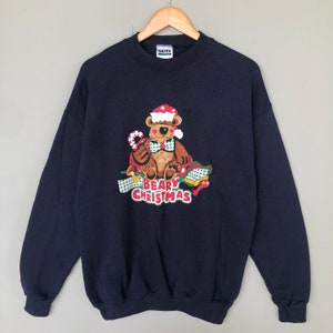 Vintage anni '90 Tultex Beary Natale Grande Stampa Logo Colore Blunero Formato Grande