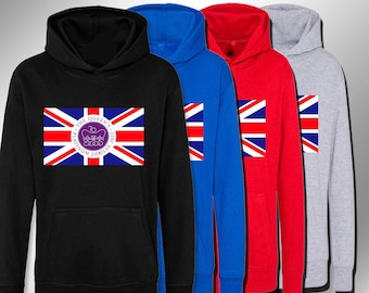 Kids Queens jubilee Hoodie, 2022 platinum Jubilee Hoody, England Flag boys Jubilee Sweater , girls jubilee jumper - from age 5-13 years old