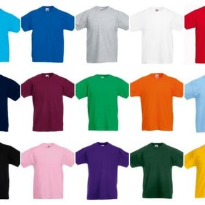 May include: Twenty plain t-shirts in a variety of colors, including blue, red, green, yellow, and purple. The shirts are all short-sleeved and have a crew neck.