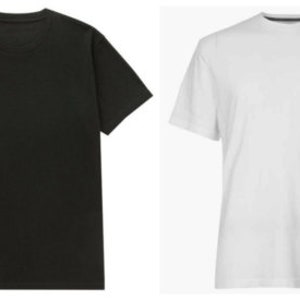 May include: Two plain t-shirts, one black and one white.