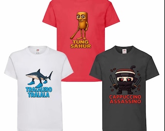 Set of 3 Brain Rot T-shirt Cappuccino Assassin Tralala Tralero Tung Sahur Kids T-shirts