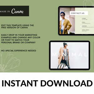 May include: A green and white digital presentation template with the text "MADE IN Canva" and "INSTANT DOWNLOAD". The template includes a contact us section, a mission and vision section, and a minimal fashion presentation section.
