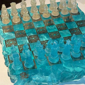 Handmade Epoxy Chess Set with Custom Design, Metal Ornaments, Unique Figures