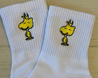 Snoopy's pal Woodstock, embroidered ladies socks.