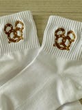 Mickey Pretzel Embroidered Ladies Socks.  Perfect for the snack loving Disney fan.