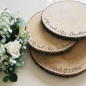 Personalised engraved wood slice for Wedding cake, Wedding Centrepiece