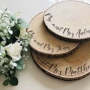 Personalised engraved wood slice for Wedding cake, Wedding Centrepiece