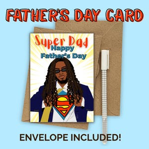 Carte de fête des pères super papa noir | papa super-héros afrocentrique avec locs | Carte amusante et stimulante pour homme noir