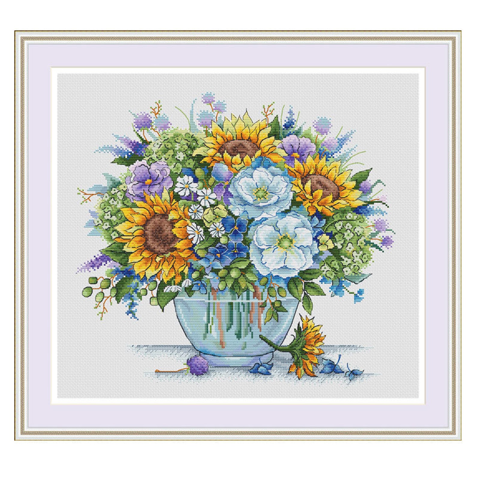 Pre Printed Cross Stitch DIY Kit, Sunflower Bouquets in a Vase Etsy
