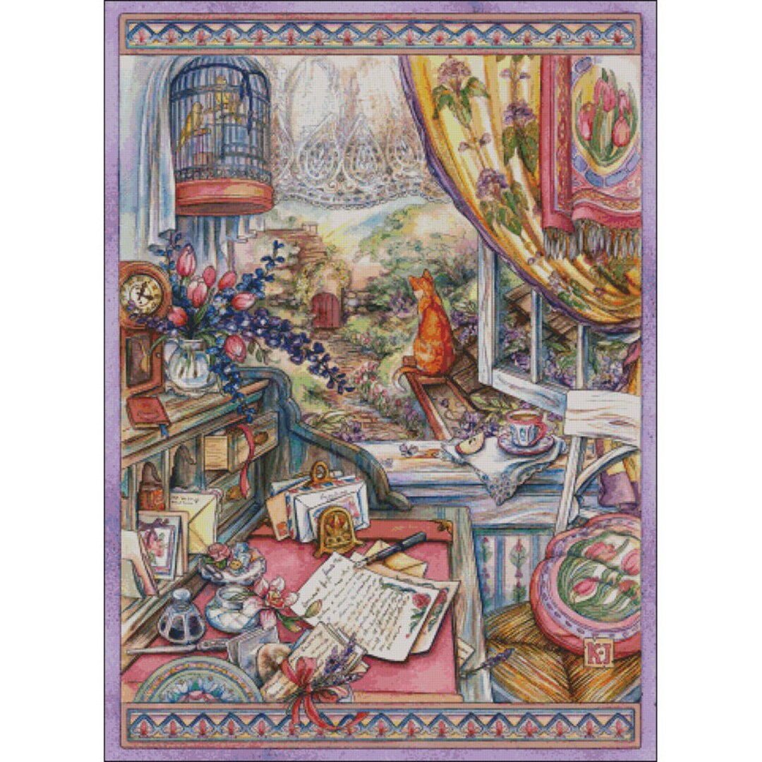 Pre Printed Cross Stitch DIY Kit, Waiting Cat, Stamped Cross Stitch Kit