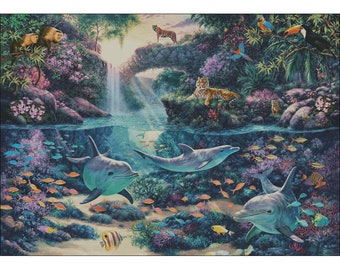 Pre Printed Cross Stitch DIY Kit, The World of Dolphin, Needlework, Wall Decoration